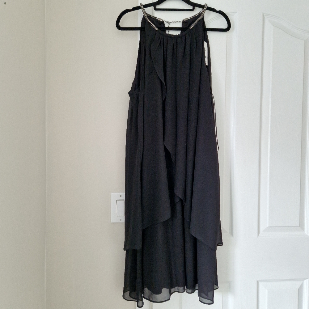 SLNY Ruffled Black Embellished Dress